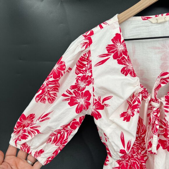 Sim & Sam puff sleeve lined Hawaiian floral mini dress tropical white red Lilo S - Picture 5 of 10